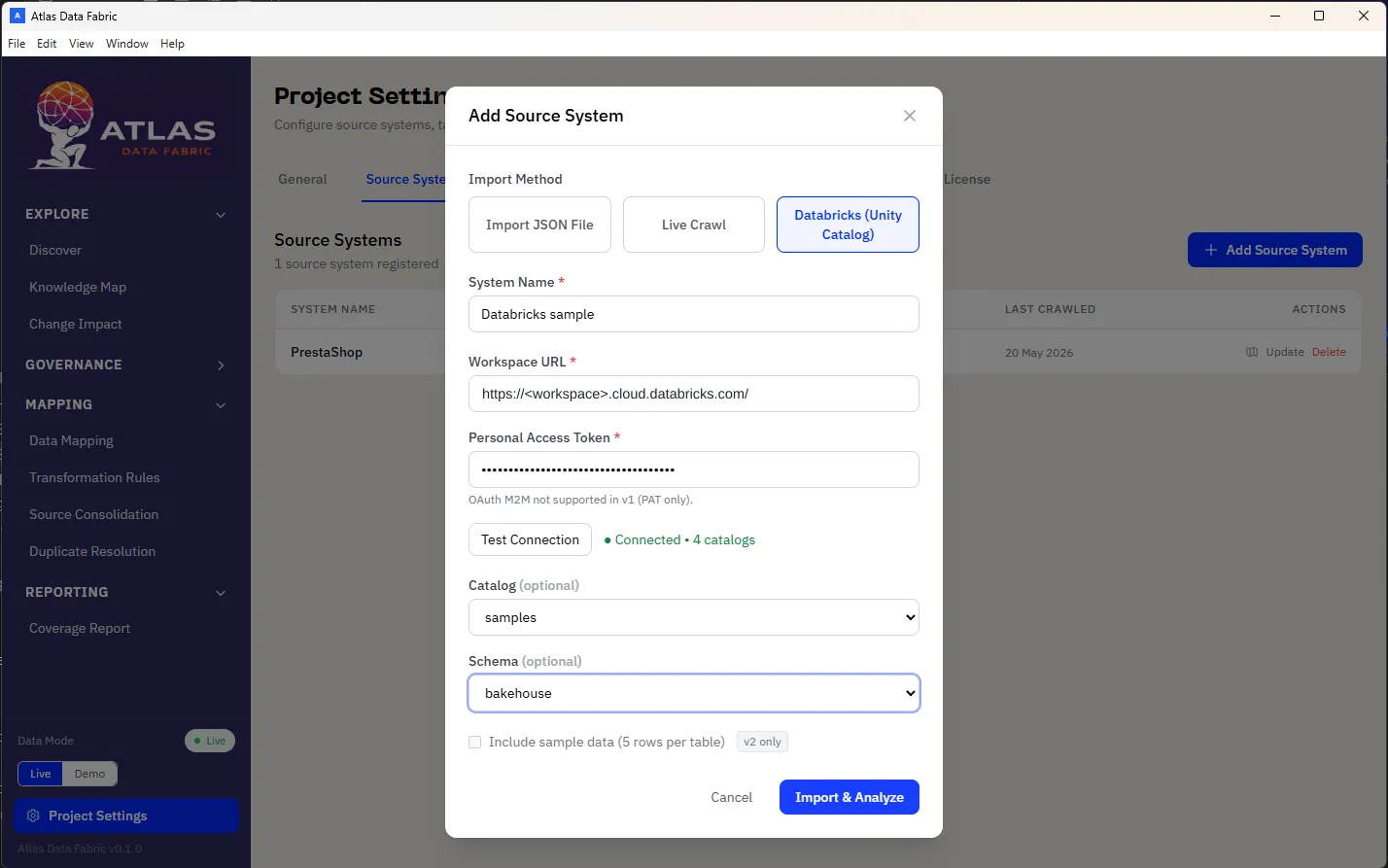 The Atlas desktop app: Explore, Governance, Mapping and Reporting in the sidebar, here adding a Databricks Unity Catalog workspace as a source system next to an already crawled PrestaShop schema.